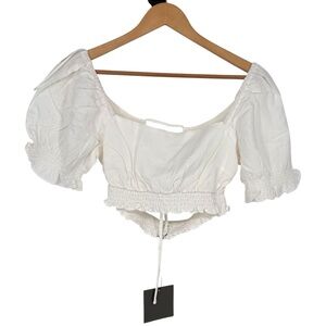 Le Lis White Short Puff Sleeve Tie Back Crop Top size Small Linen Blend Cut Out